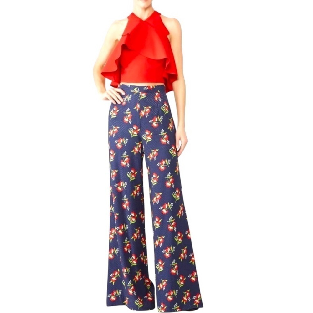 Jill Jill Stuart Floral Palazzo Pants Navy Red Wide Leg Resort XL